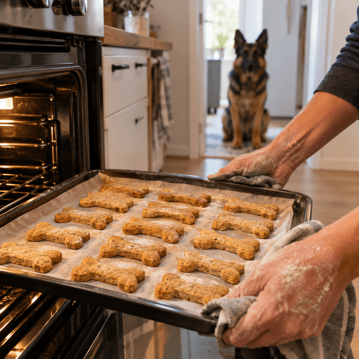 Sacando del horno una bandeja de galletas con forma de hueso mientras el perro espera