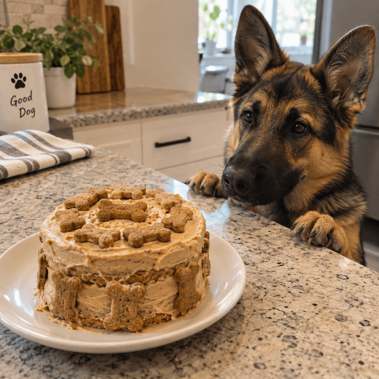Torta de cumpleaños casera para perro, decorada con galletas con forma de hueso