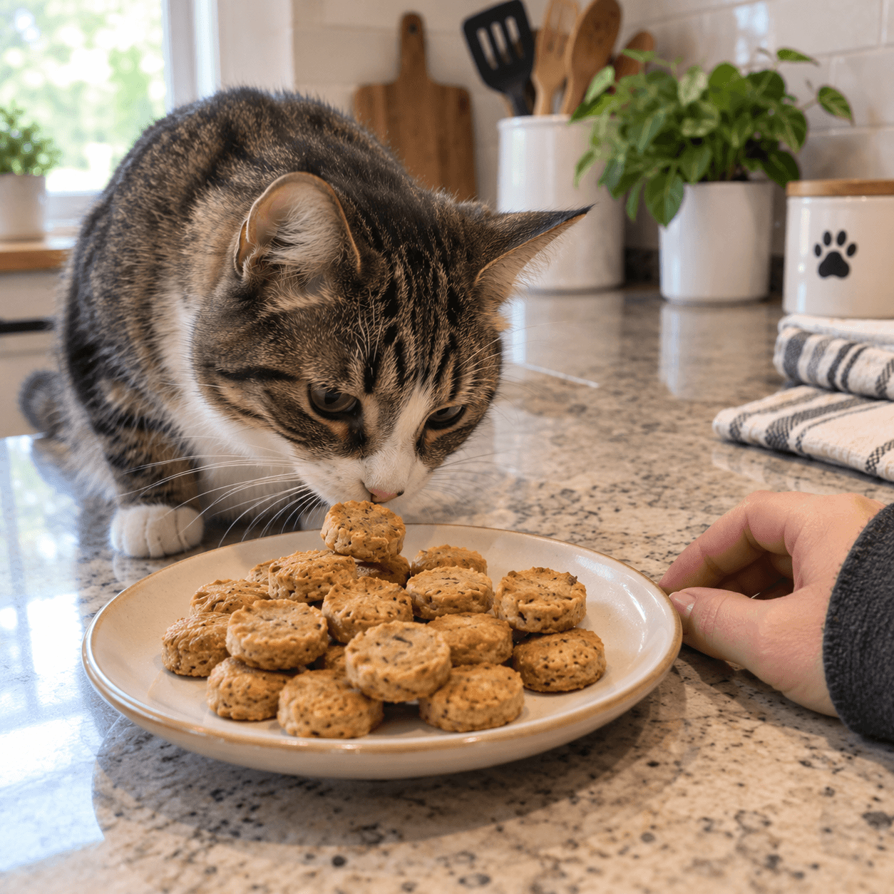 Gato oliendo un premio casero recién hecho sobre la encimera